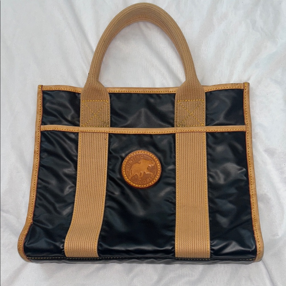 Vtg Hunting World Black Nylon Tote Bag w/ Tan Leather Trim & Elephant Logo